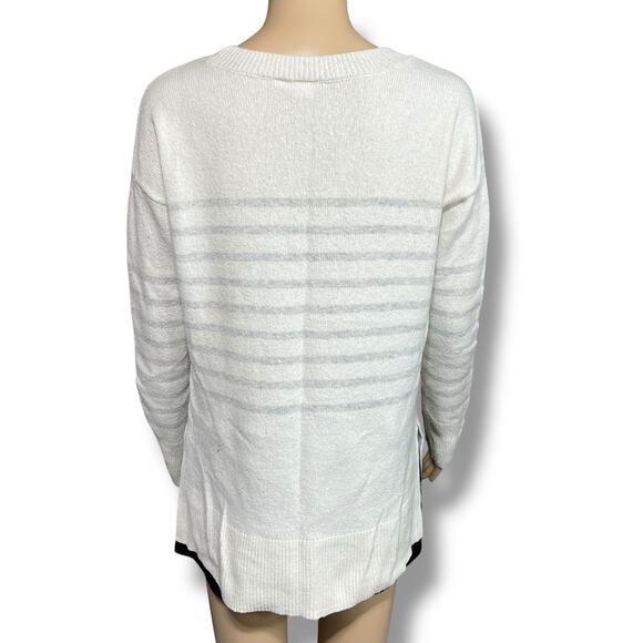 GAP Womens Pullover Knit Sweater Striped Wool Blend Long Sleeve White Gray - Picture 3 of 7